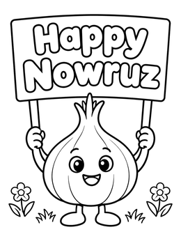 Free printable Cute Garlic Character Holding Nowruz Sign coloring page