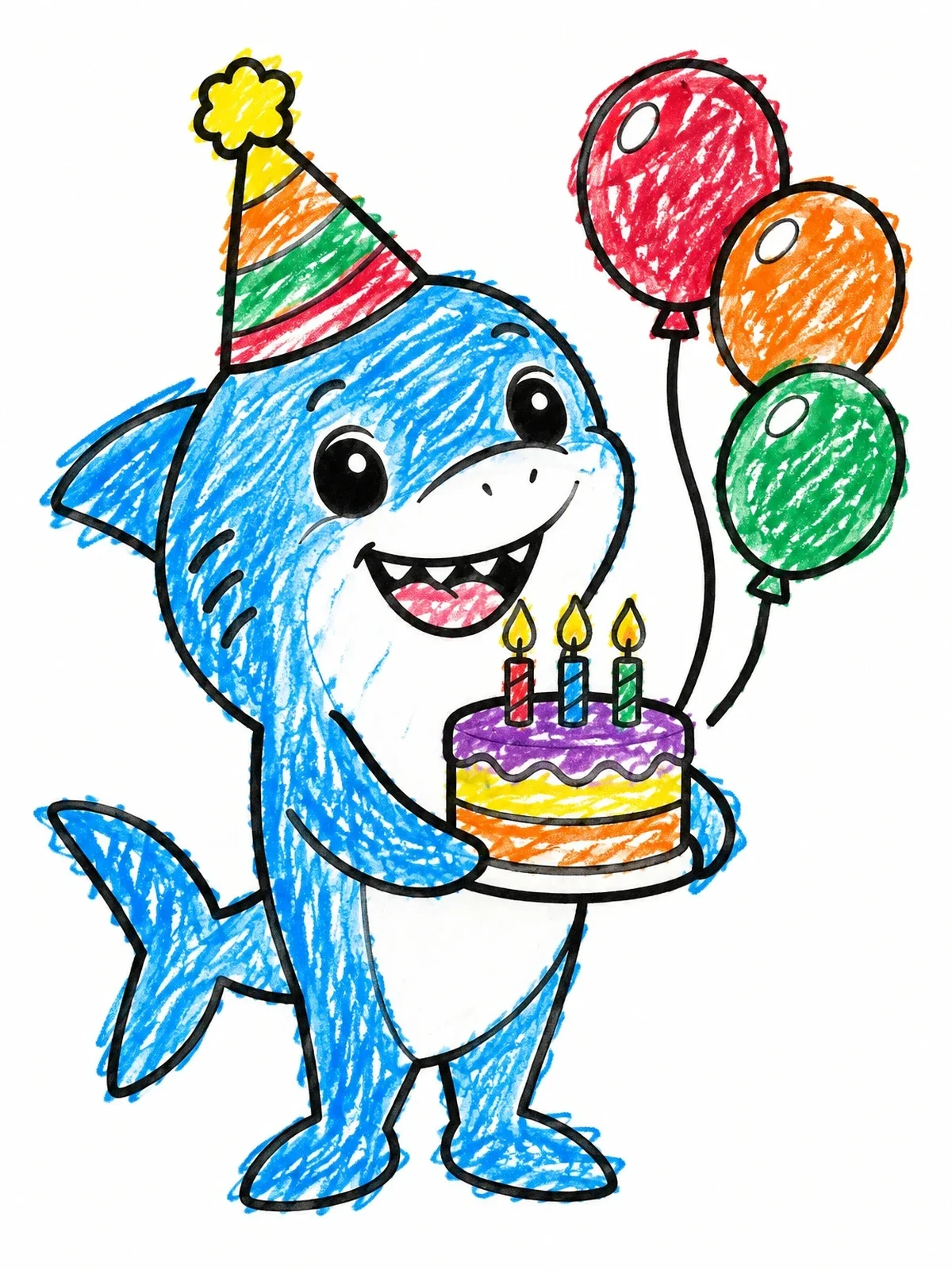 Colored example of the Cute Shark Celebrating Birthday coloring page