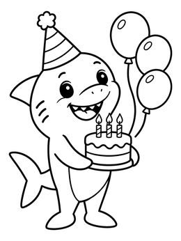 A shark coloring page showing a friendly cartoon shark holding a birthday cake with balloons.