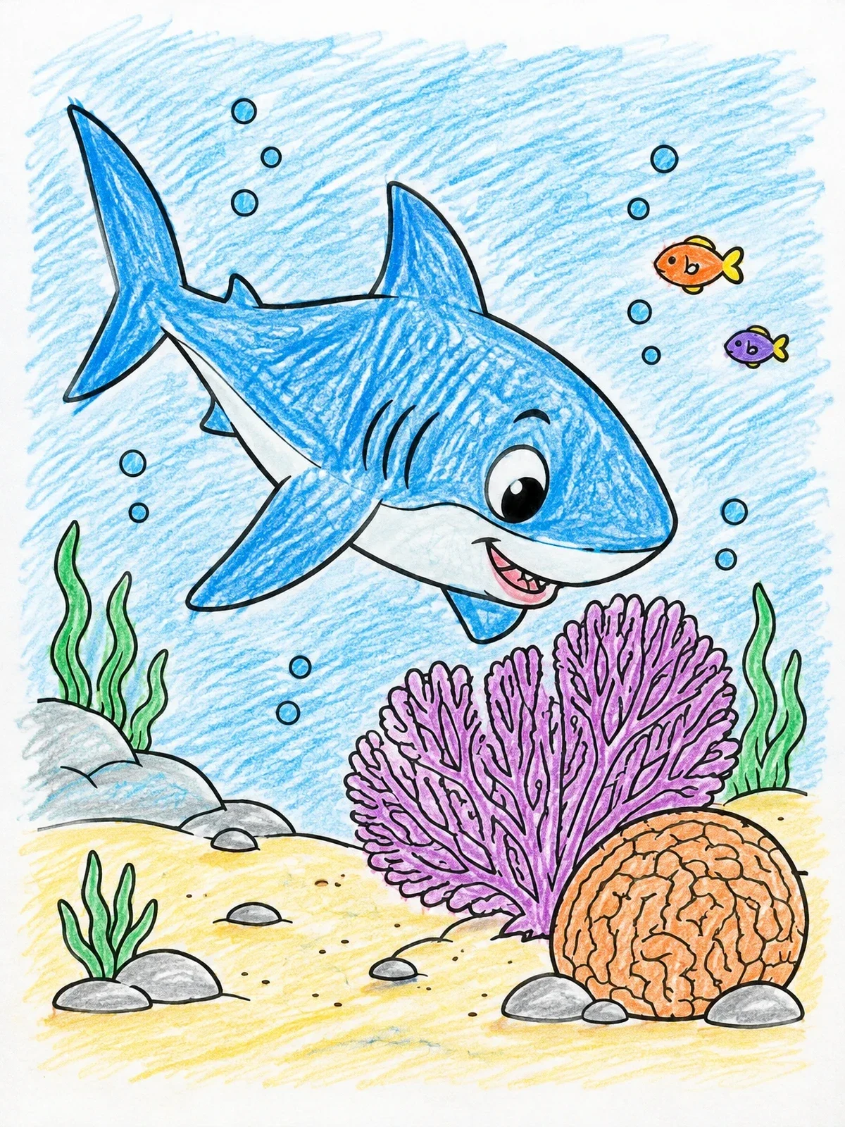 Colored example of the Cute Shark Exploring Coral Reef coloring page