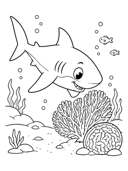 A friendly shark coloring page featuring ocean seabed corals and tiny fish.