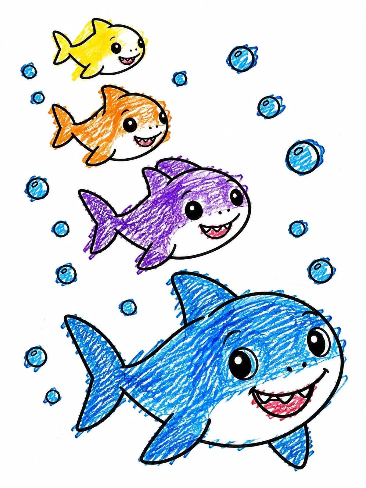 Colored example of the Cute Shark Family Swimming Together coloring page
