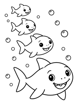A cheerful baby shark coloring page featuring four happy cartoon sharks swimming with bubbles.