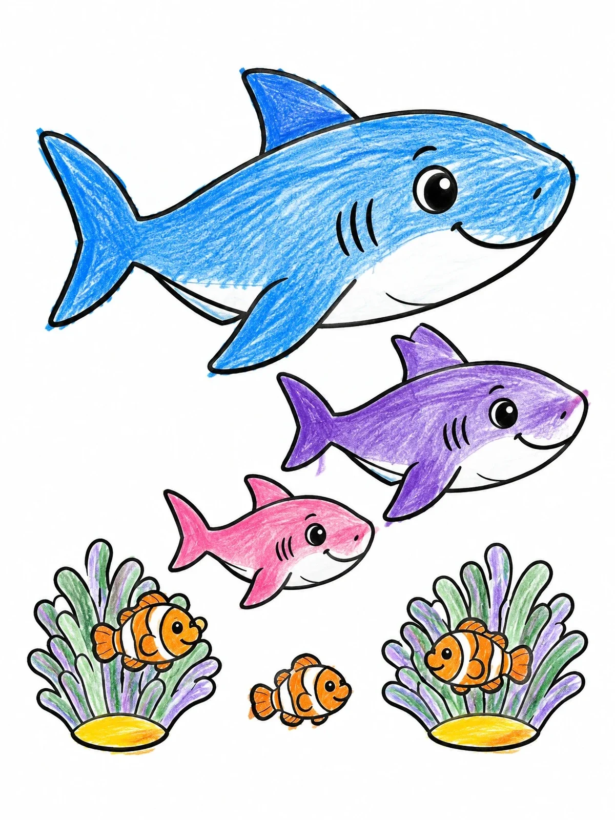 Colored example of the Cute Shark Family Swimming Underwater coloring page