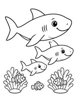 Free printable Cute Shark Family Swimming Underwater coloring page