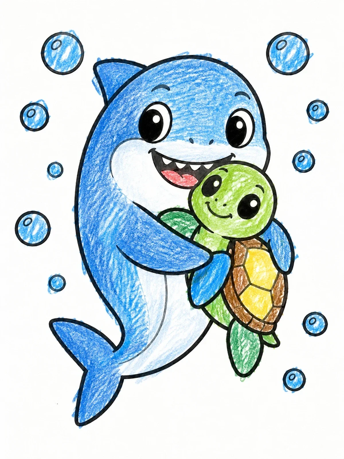 Colored example of the Cute Shark Hugging Sea Turtle coloring page