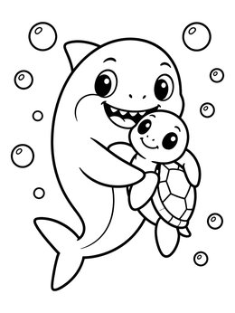 Free printable Cute Shark Hugging Sea Turtle coloring page