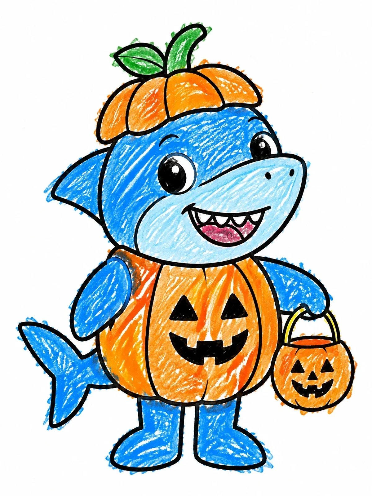 Colored example of the Cute Shark In Pumpkin Costume coloring page