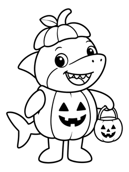 A shark coloring page showing a friendly cartoon shark dressed as a pumpkin for Halloween.