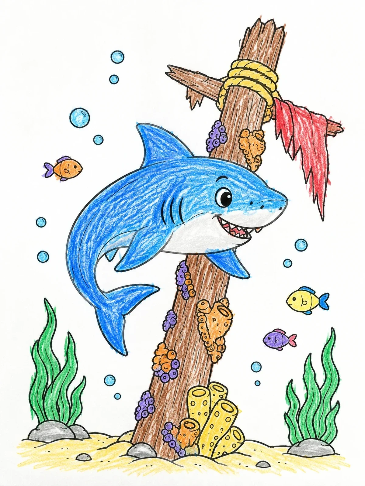 Colored example of the Cute Shark By Shipwreck Mast coloring page