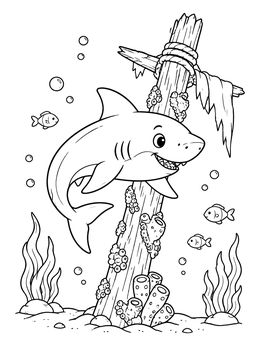 A friendly shark swimming near a wooden mast on this shark coloring page.