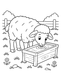 A fluffy sheep drinking water from a trough on this sheep coloring page.