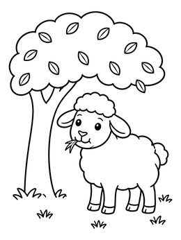 Free printable Cute Sheep Chewing Grass Under Tree coloring page