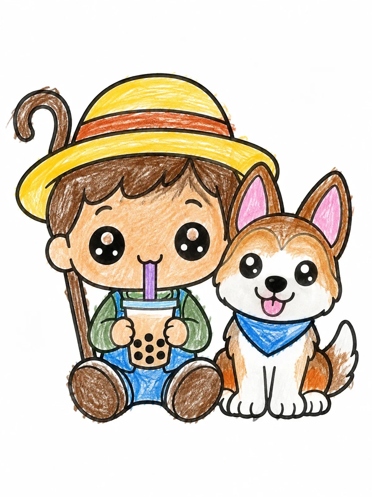 Colored example of the Cute Shepherd Boy Drinking Boba Tea coloring page