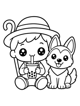 A shepherd coloring page with a cute little boy drinking boba tea next to his puppy.
