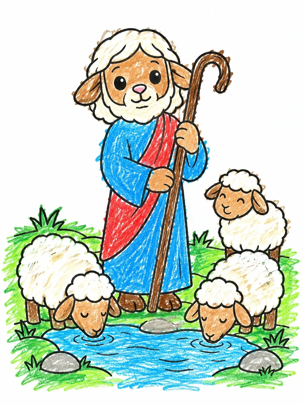 Colored example of the Cute Shepherd With Little Sheep coloring page