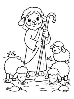 A cartoon shepherd coloring page showing sheep drinking peacefully from a stream.
