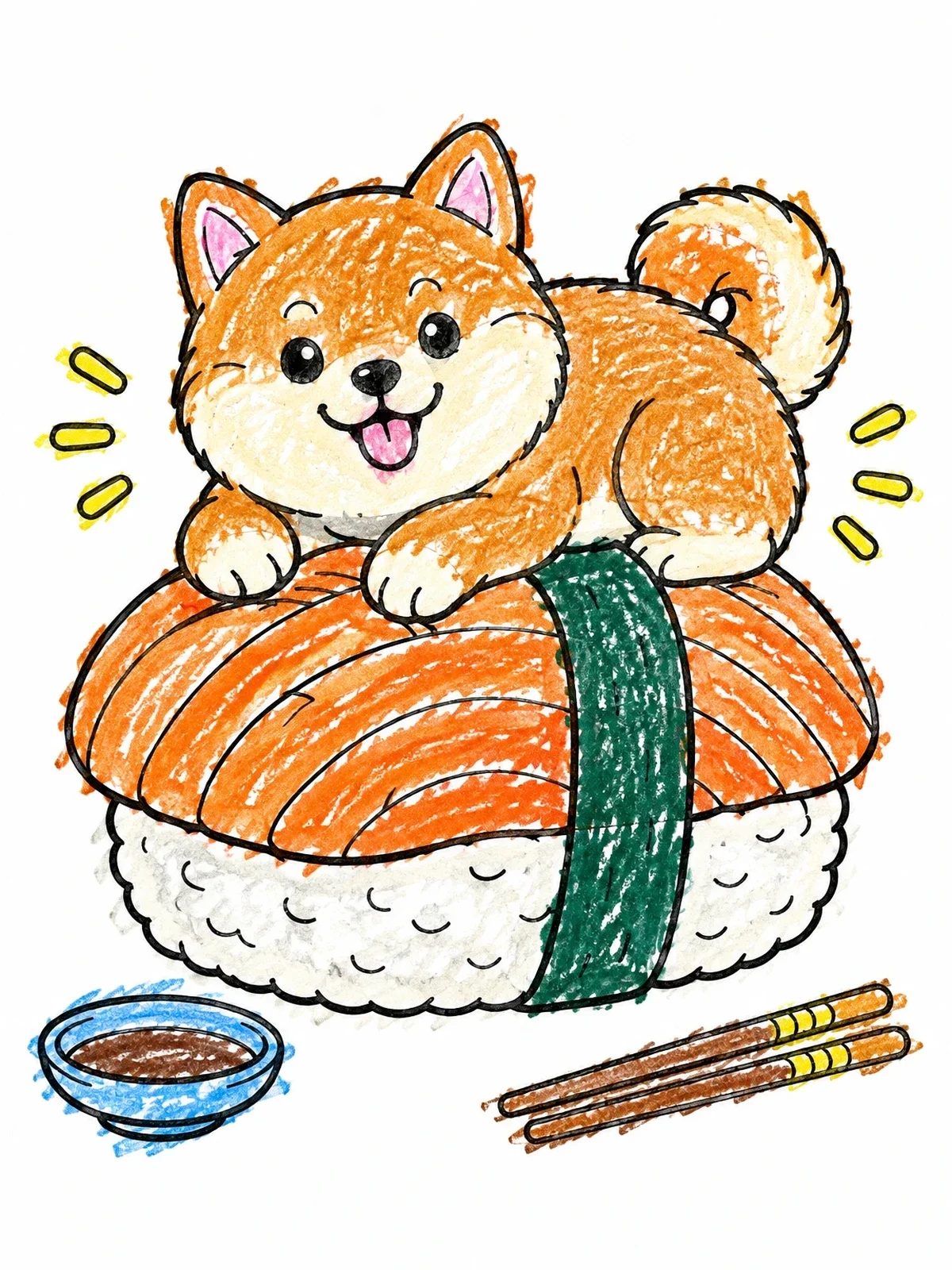 Colored example of the Cute Shiba Inu On Sushi coloring page