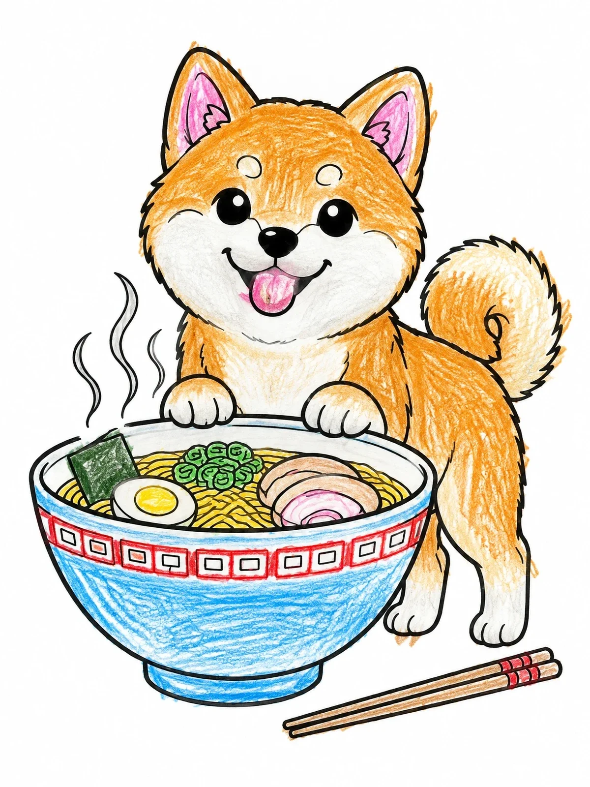 Colored example of the Cute Shiba Inu With Ramen Bowl coloring page