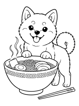 Free printable Cute Shiba Inu With Ramen Bowl coloring page