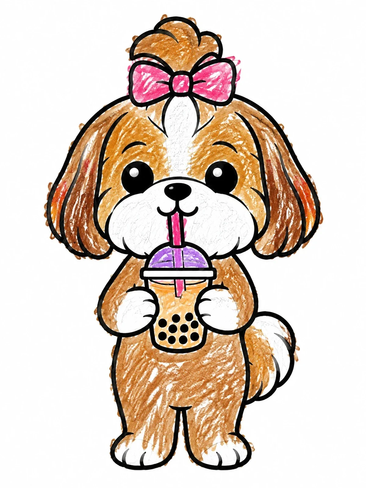 Colored example of the Cute Shih Tzu Drinking Boba Tea coloring page