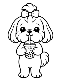Free printable Cute Shih Tzu Drinking Boba Tea coloring page