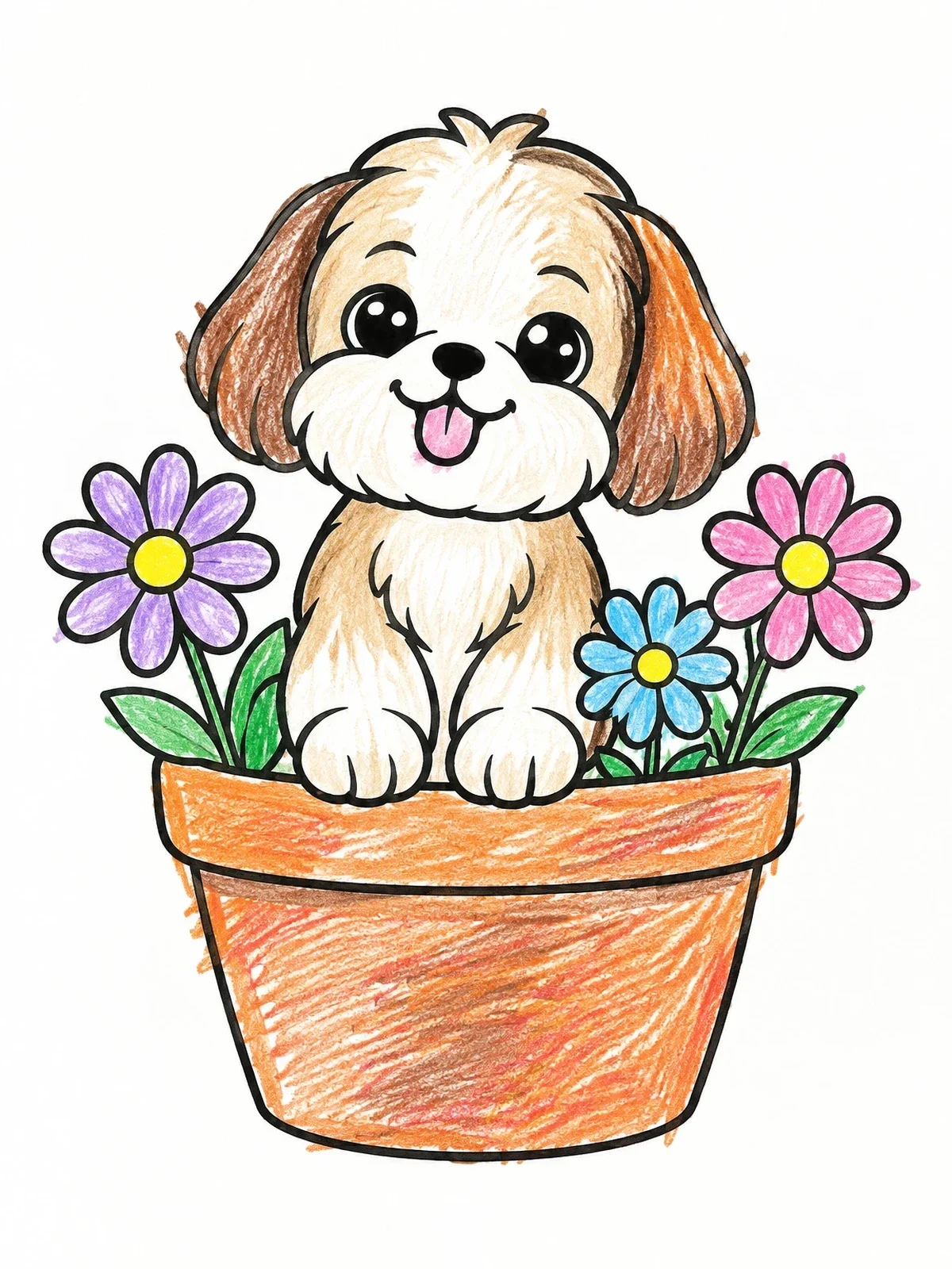 Colored example of the Cute Shih Tzu Puppy In Flowerpot coloring page