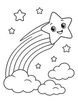 A cheerful shooting star coloring page soaring above fluffy clouds and a rainbow.