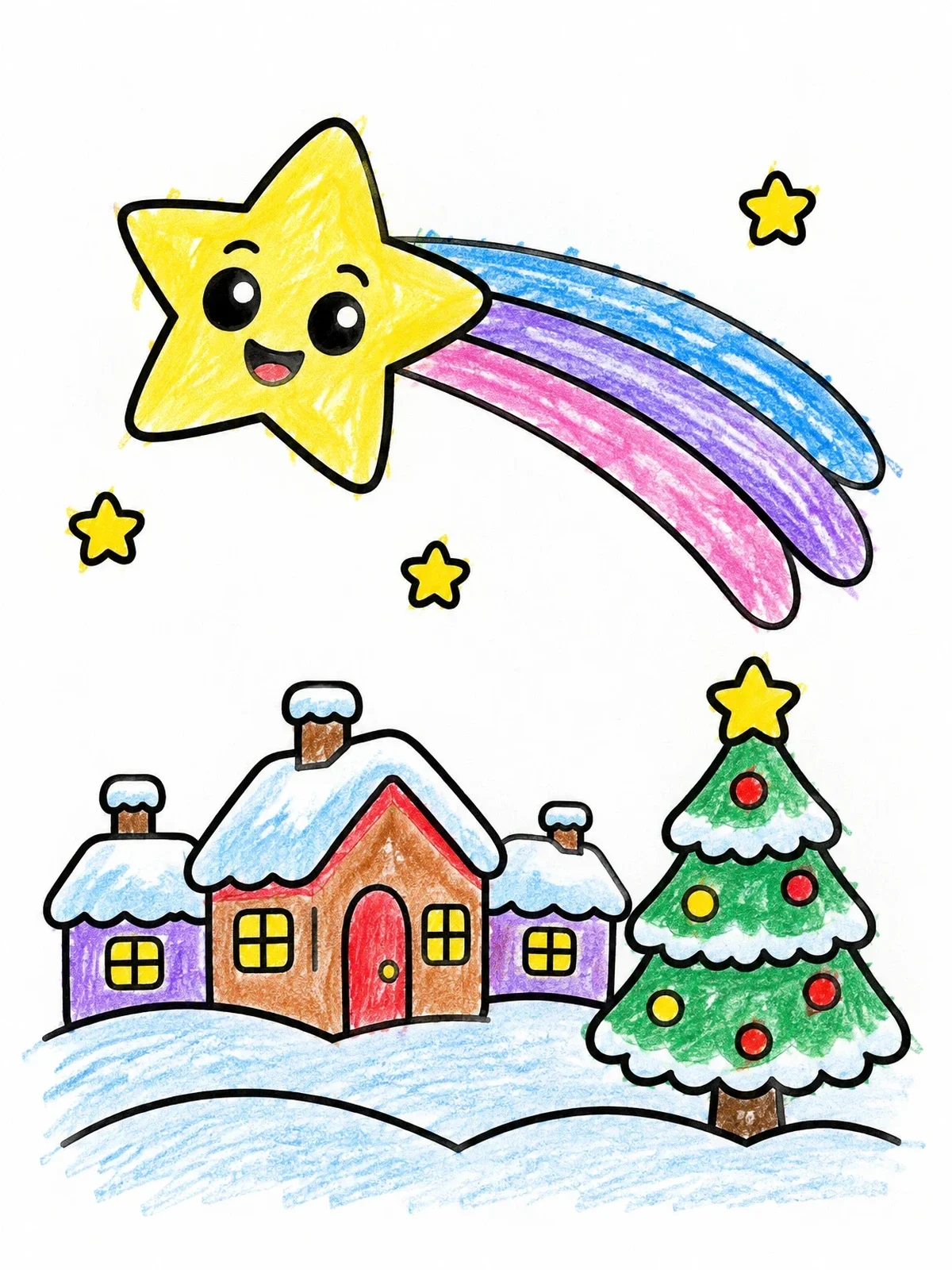 Colored example of the Cute Shooting Star Over Winter Village coloring page