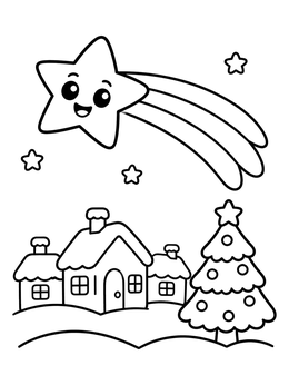 Free printable Cute Shooting Star Over Winter Village coloring page
