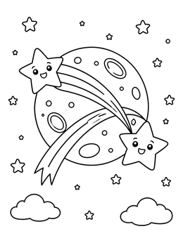 Free printable Cute Shooting Stars And Cratered Moon coloring page