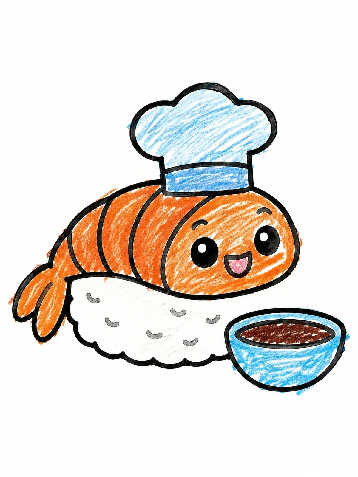 Colored example of the Cute Shrimp Sushi Chef With Sauce coloring page