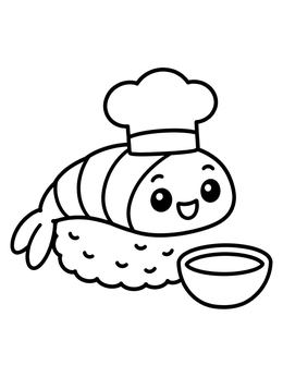 Free printable Cute Shrimp Sushi Chef With Sauce coloring page