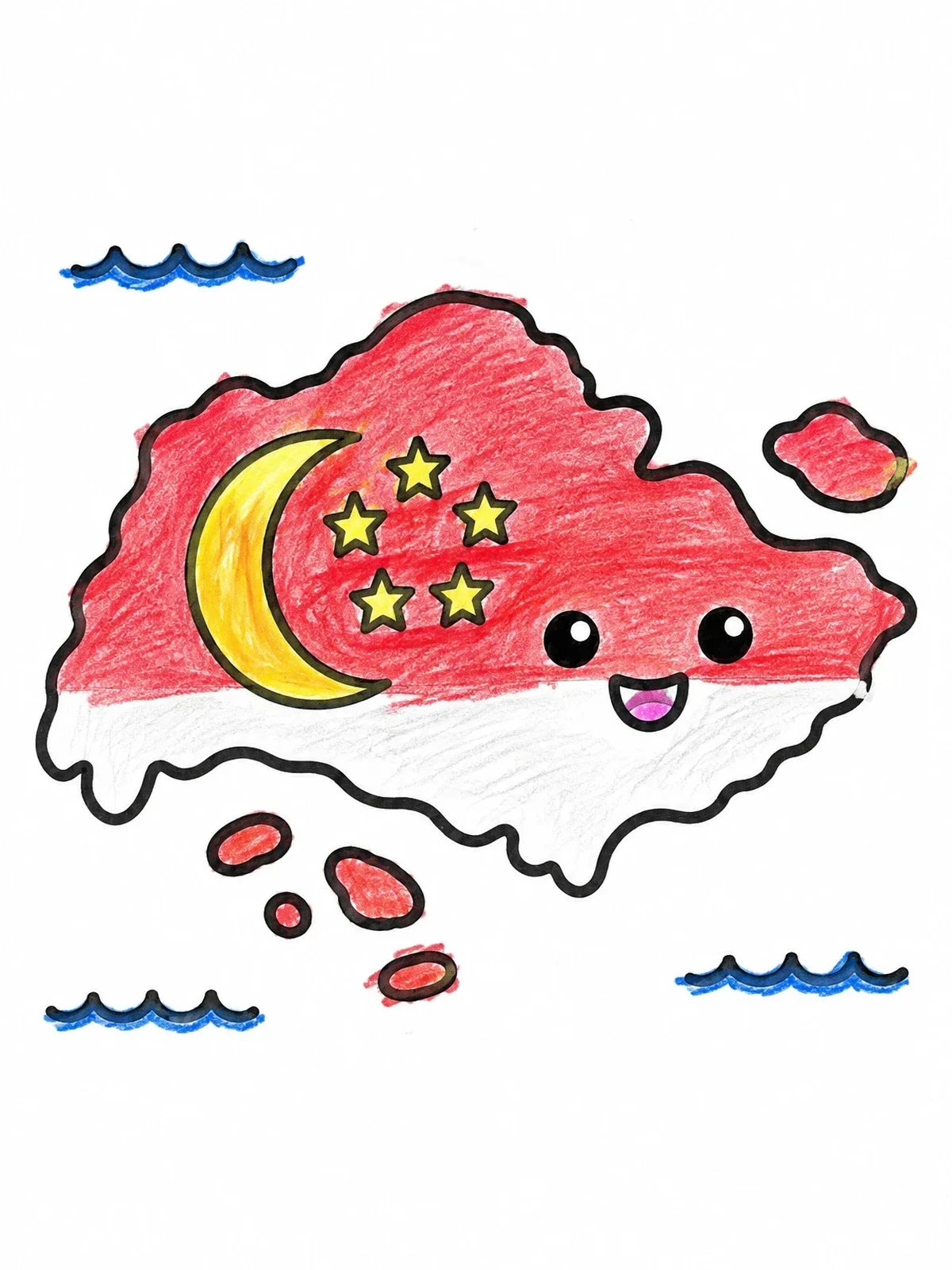 Colored example of the Cute Singapore Map With Smiling Face coloring page