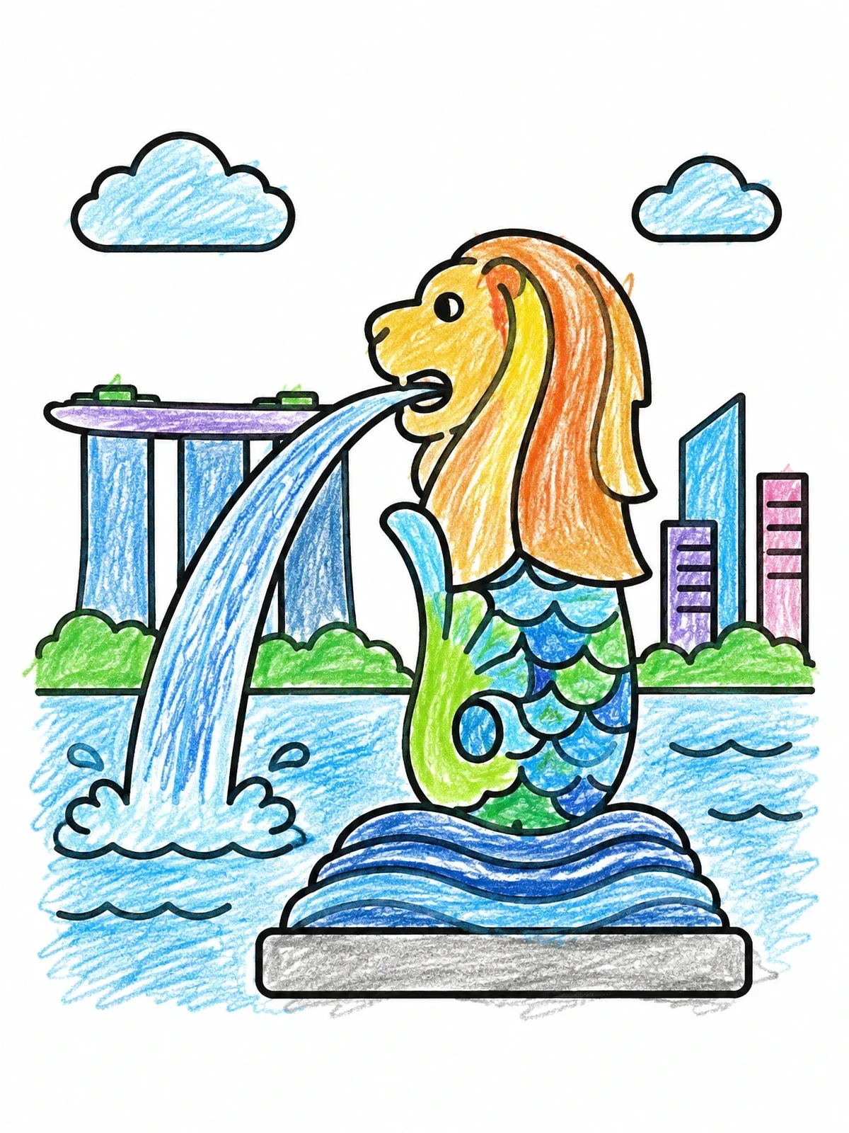 Colored example of the Cute Singapore Merlion Fountain coloring page