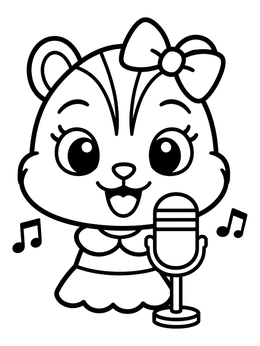 A cheerful chipmunk coloring page featuring a singing chipmunk with a ribbon bow and microphone.