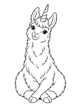 Sitting llamacorn coloring page with crossed front hooves and a spiral horn.