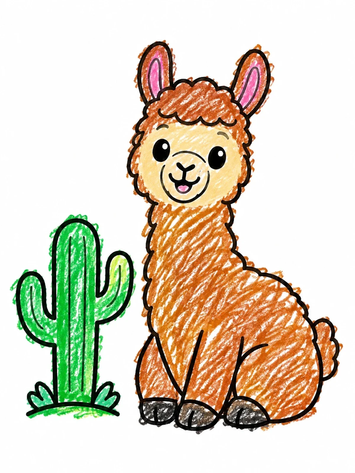 Colored example of the Cute Sitting Llama With Cactus coloring page