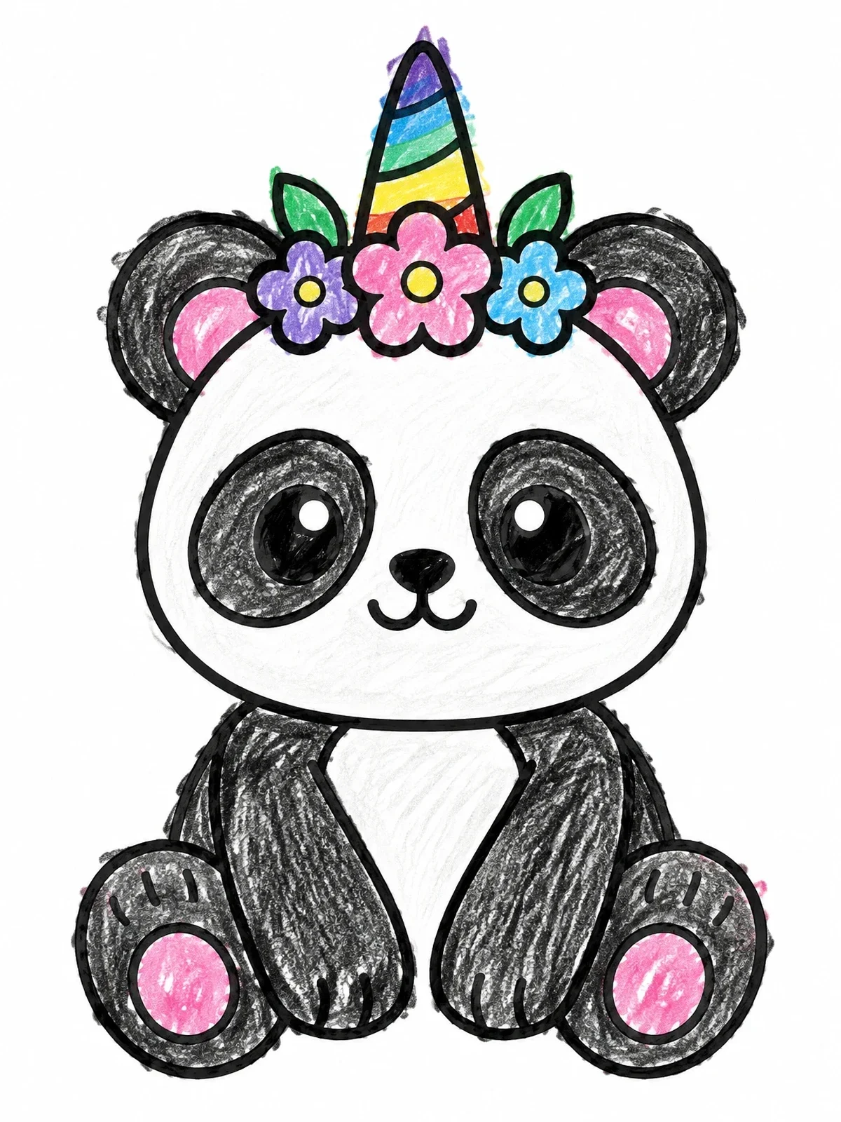 Colored example of the Cute Unicorn Panda With Flower Crown coloring page