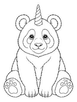 A sweet chubby unicorn panda coloring page sitting upright with a spiral horn.