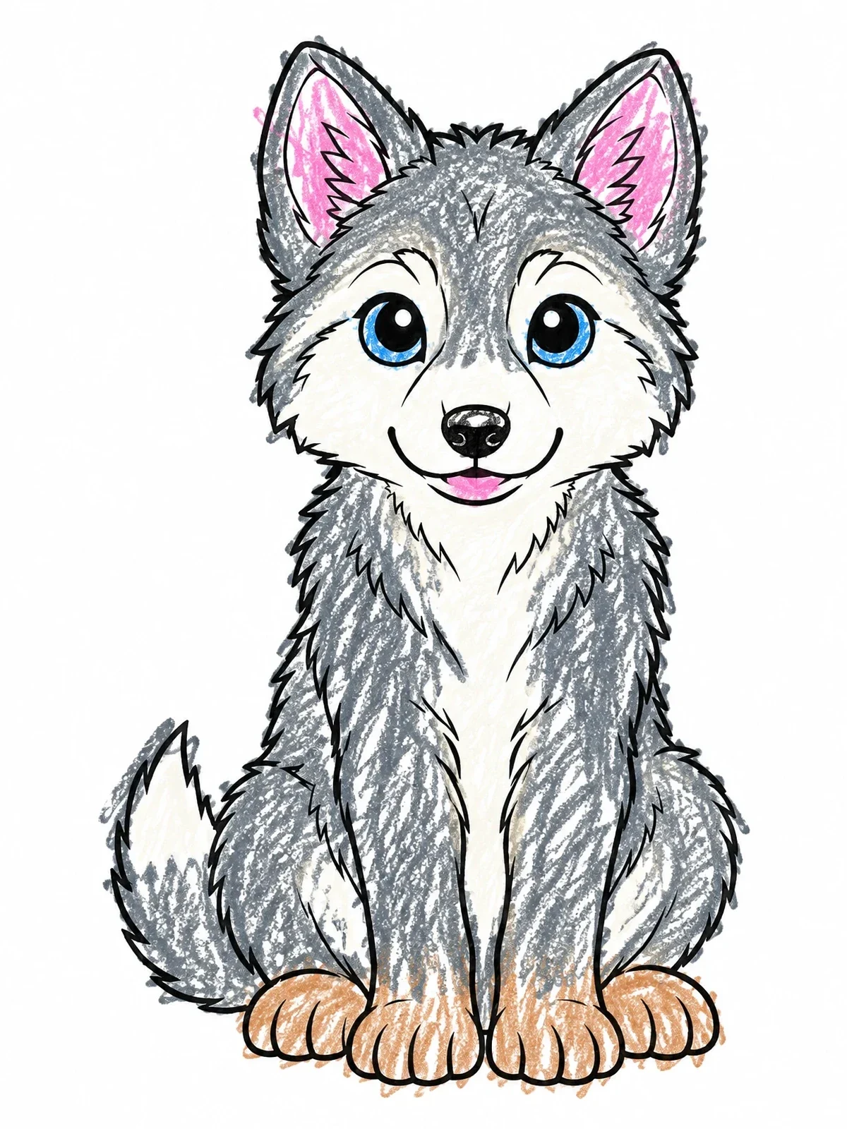 Colored example of the Cute Wolf Pup Sitting Forward coloring page