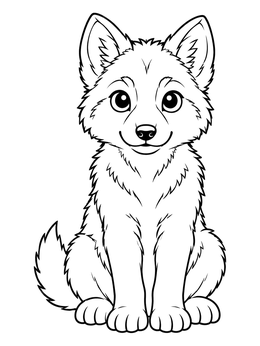 A cute wolf pup sitting upright on this wolf coloring page.