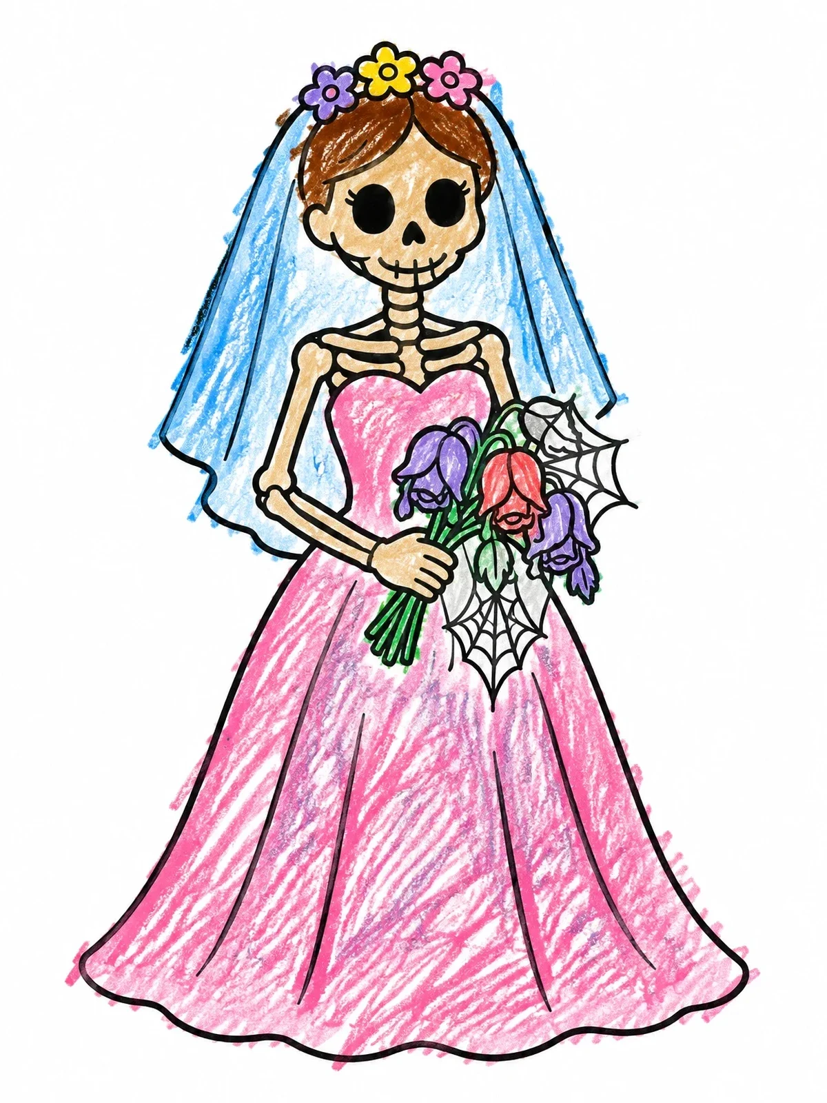 Colored example of the Cute Skeleton Bride With Bouquet coloring page
