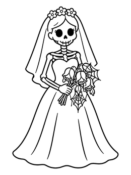 Free printable Cute Skeleton Bride With Bouquet coloring page