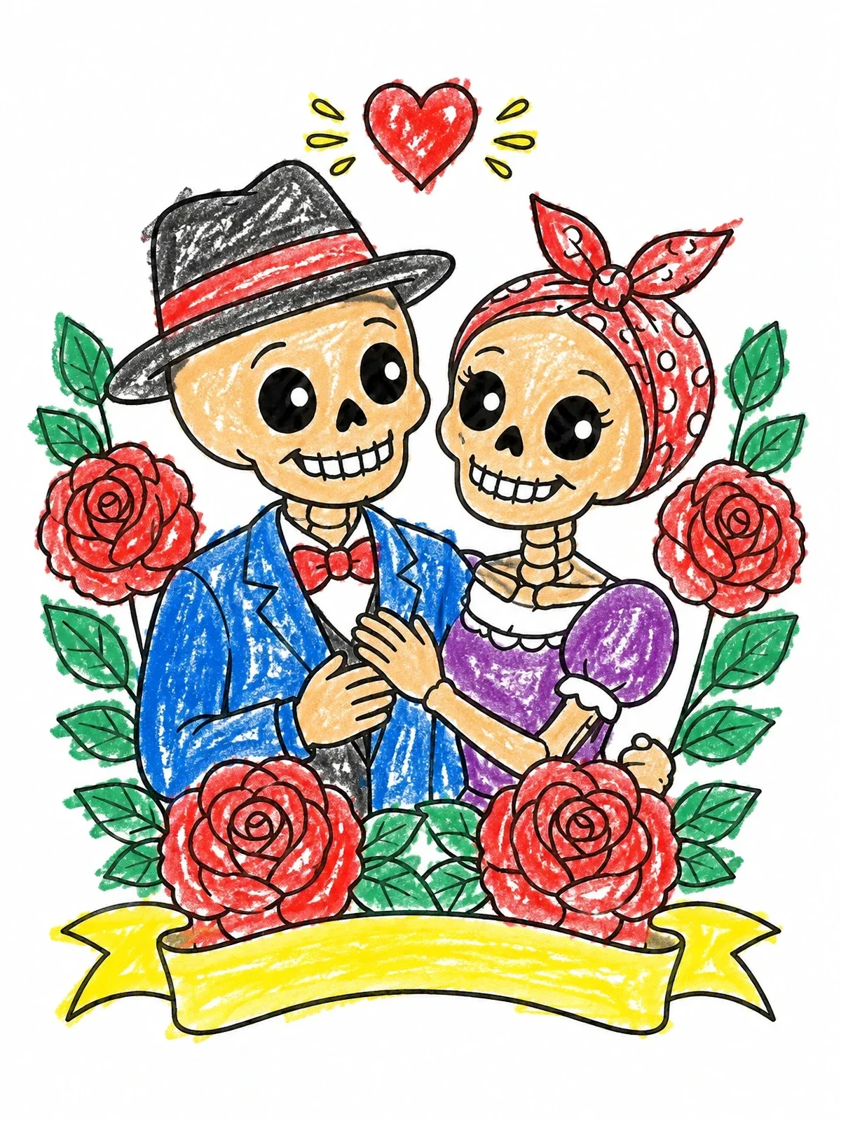 Colored example of the Cute Skeleton Gangster Couple With Roses coloring page