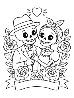 Free printable Cute Skeleton Gangster Couple With Roses coloring page