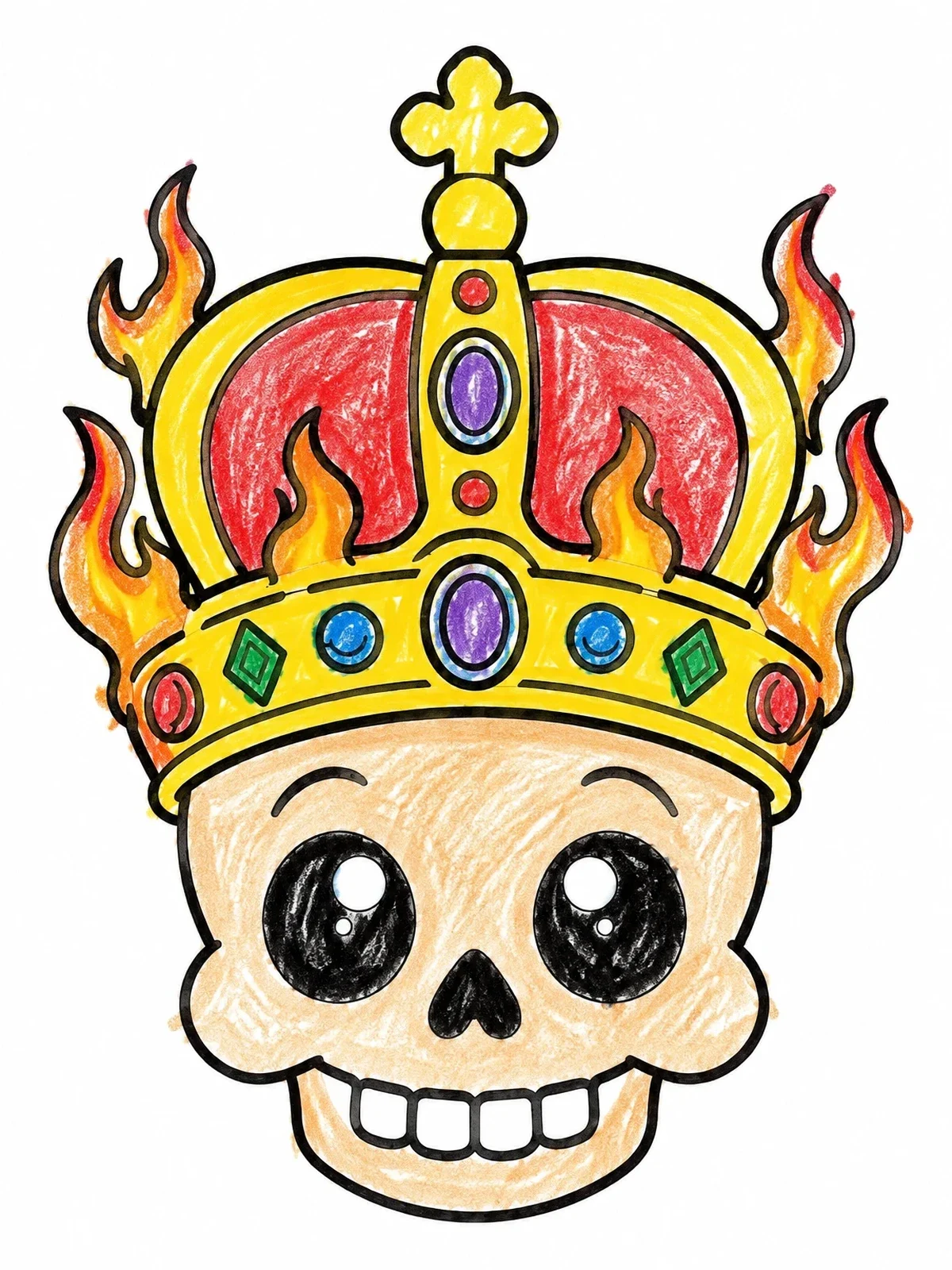 Colored example of the Cute Skull With Flaming Royal Crown coloring page