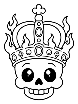 A cute cartoon skull coloring page wearing an ornate royal crown with flames.