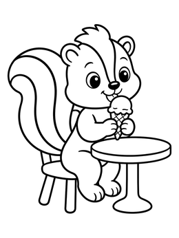 A cheerful baby skunk coloring page eating ice cream at a small table.