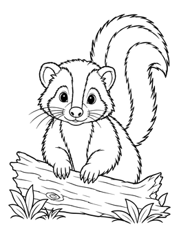 A skunk coloring page showing a friendly skunk resting its paws on a wooden log.